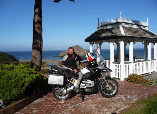 mendocino coast lodging - elk cove inn motorcycle at gazebo